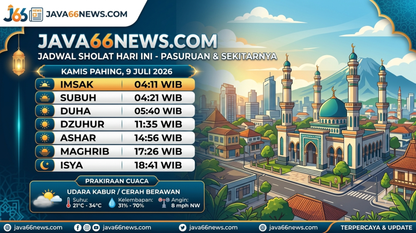 Jadwal Sholat dan Prakiraan Cuaca Kabupaten Pasuruan Hari Ini, Kamis 9 Juli 2026